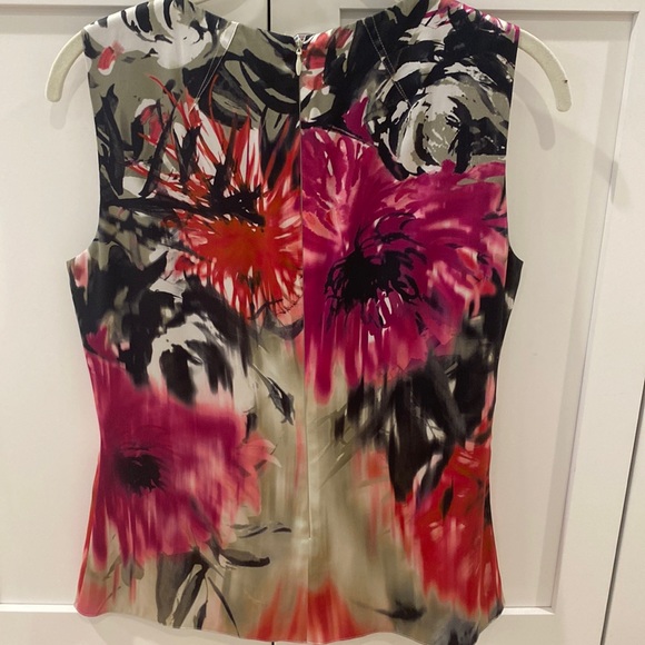 Elie Tahari Silk Shell Top S Abstract Print Floral Blouse Sleeveless Lined Taupe - Picture 2 of 9